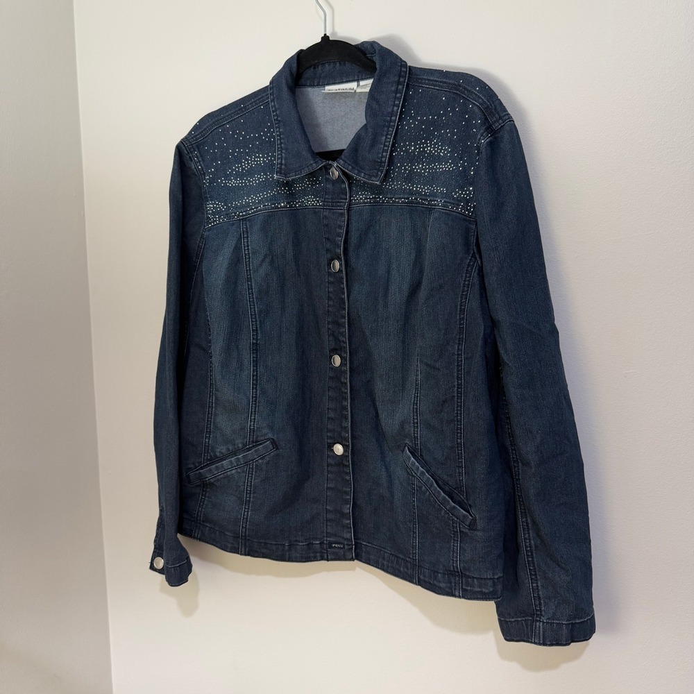 Chico's Platinum Denim Jean Jacket Sz 3 XL Rhinestone Bling Dark Wash Cowboy